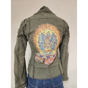 VTG True Religion Buddha Army Green Denim Jacket Embroidered Graphic Koi Fish